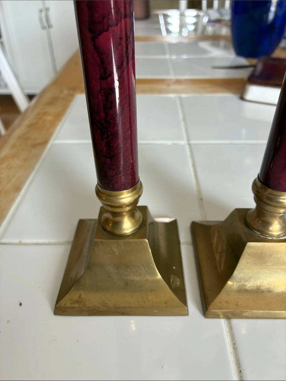 Brass and Burgundy Home Accents Candlestick Pair